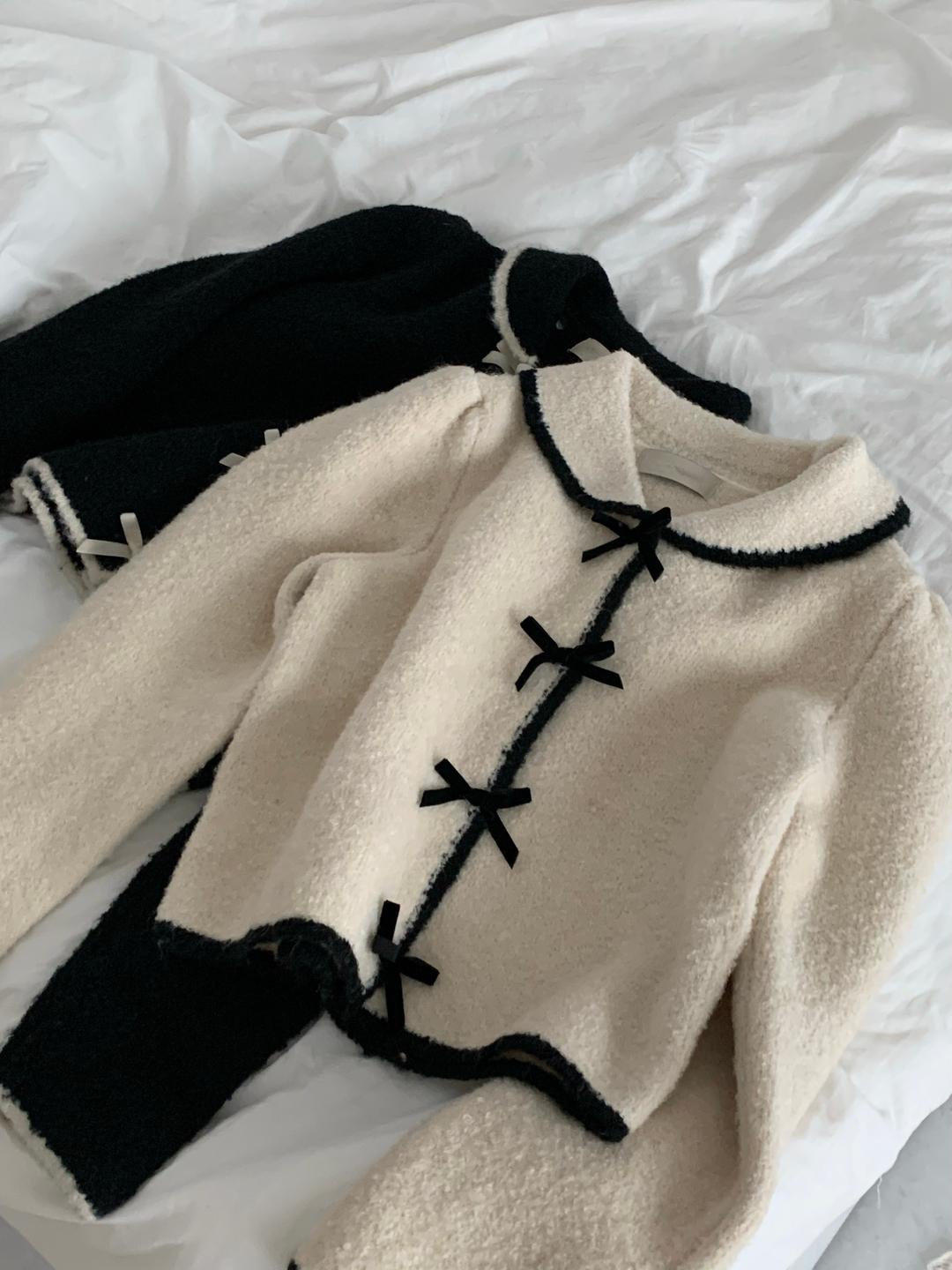 [블랙 바로배송]mint cardigan:: 가디건/배색가디건/리본/리본포인트/니트/리본가디건/봄가디건
