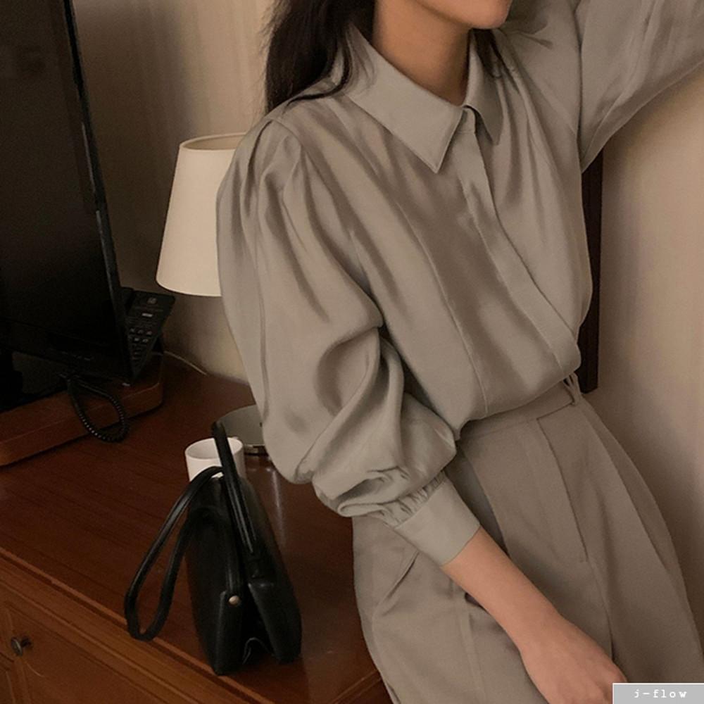 레비 새틴 카라넥 퍼프 블라우스 3col 봄 여름 루즈핏 실키 쉬폰 고급소재 제이플로우