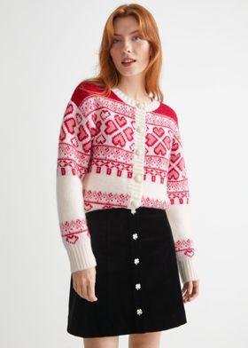 자카드 니트 하트 가디건
