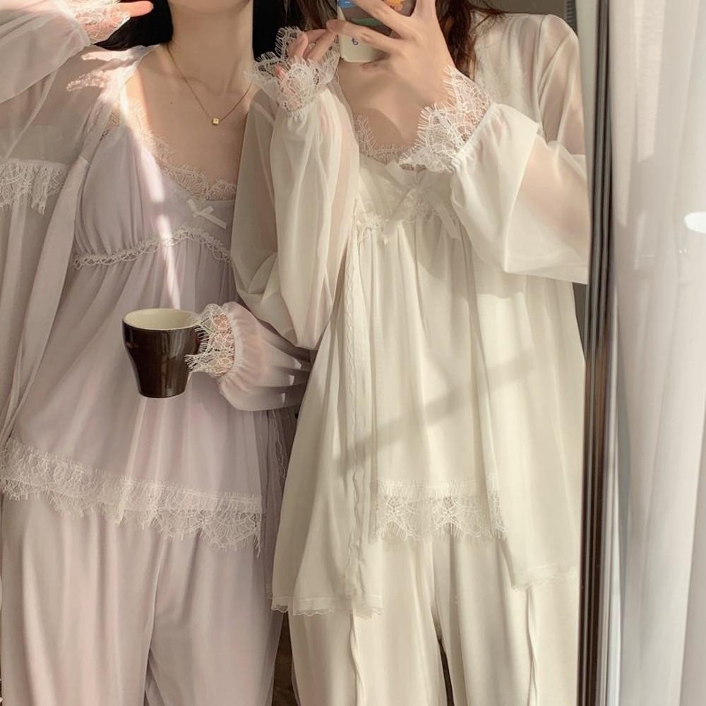 (이사벨라쉬폰3종세트) 쓰리피스잠옷 레이스 공주 파자마파티 홈웨어 슬립 빅사이즈 시스루