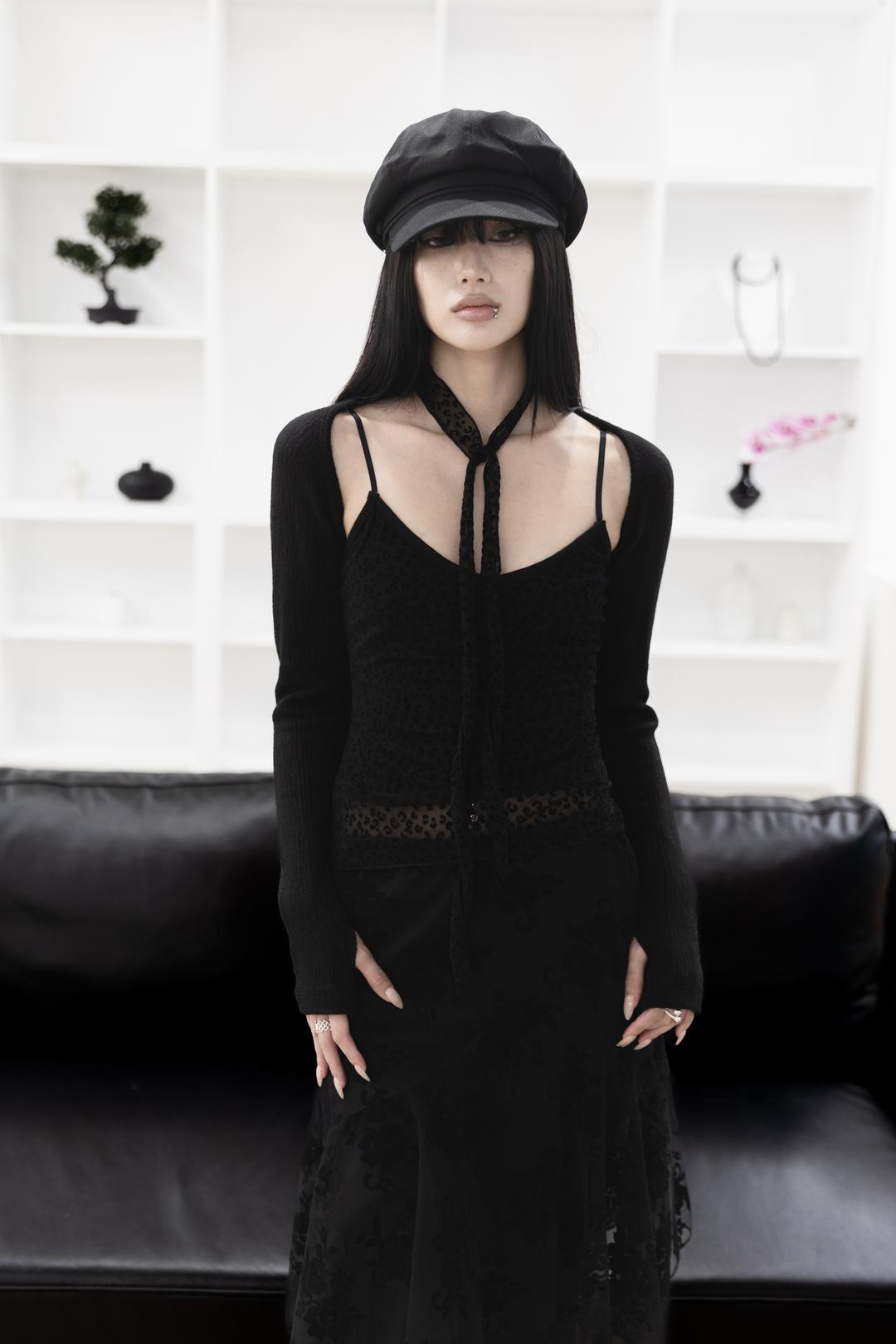 [Sepia] Leopard mesh sleeveless (scarf set) (Black)