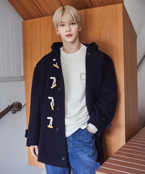 체크 후드 더플코트 Dark Navy