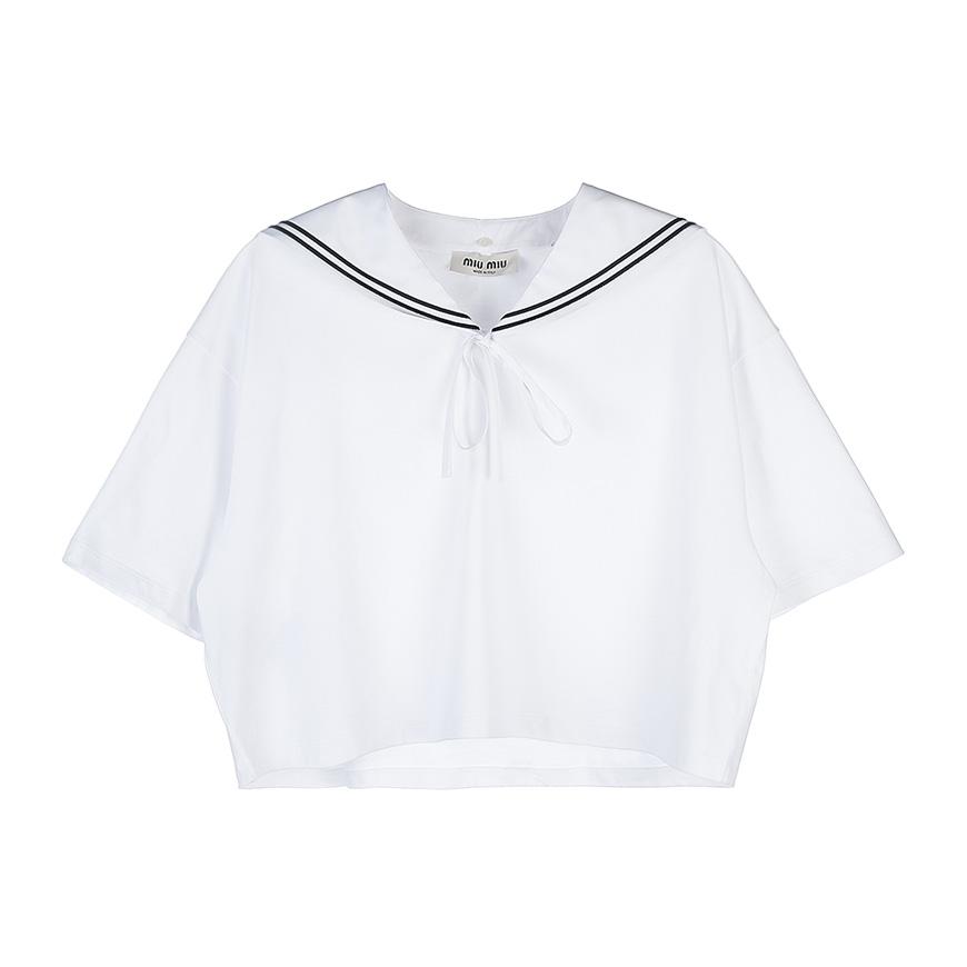 [미우미우] 여성 자수 장식 코튼 티셔츠MJN460 11EC F0009