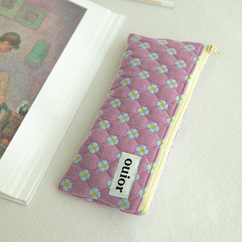 ouior flat pencil case - dot flower purple (topside zipper)