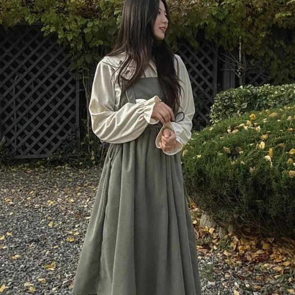 [당일🚀]셔츠 코듀로이 벨벳 플라워 잔꽃무늬 자수 블라우스 멜빵 뷔스티에 롱원피스 투피스