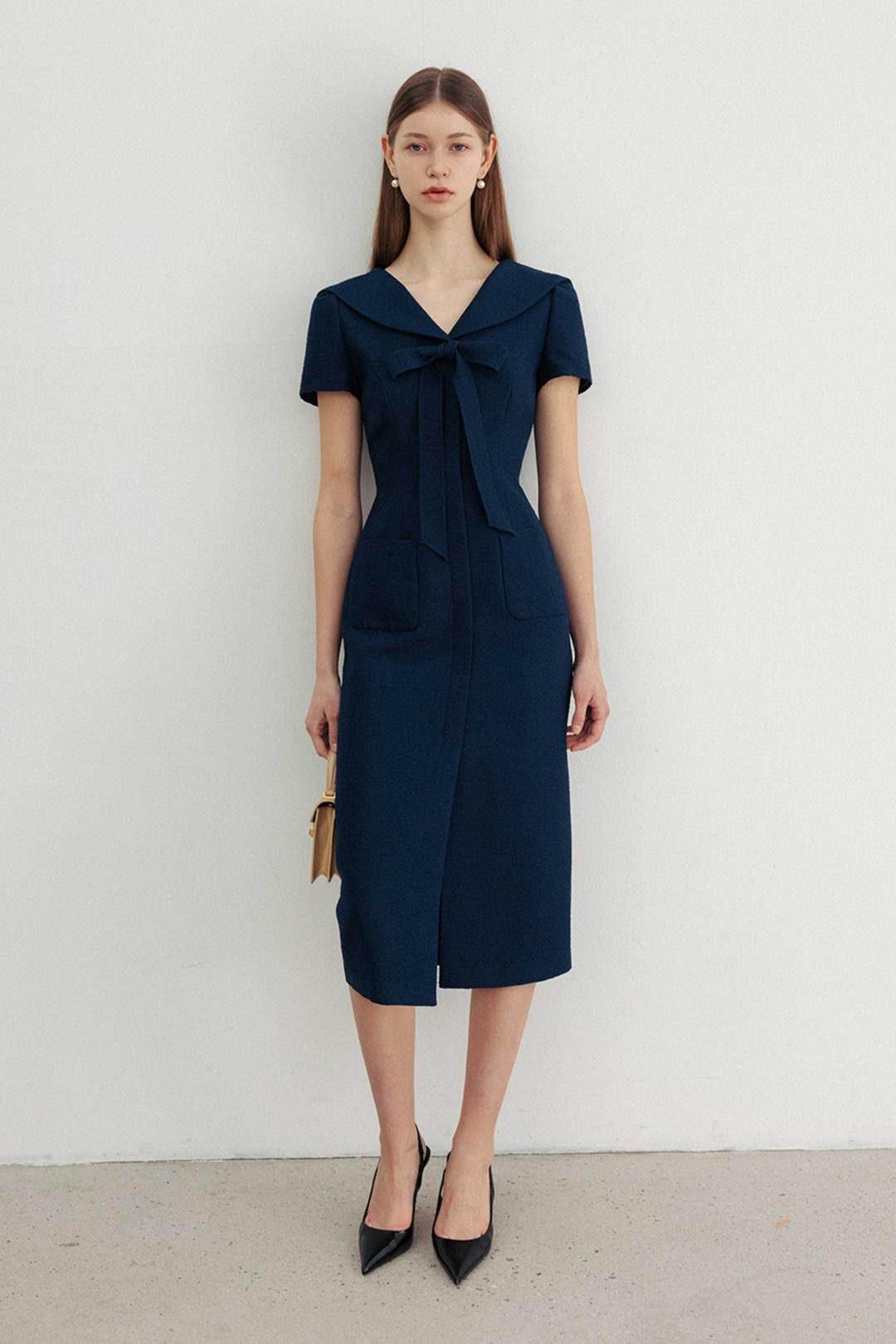 [3사이즈 추가, 1,2,3size 8/14 예약배송]BRIA Sailor collar ribbon tie H-line long dress (Navy)
