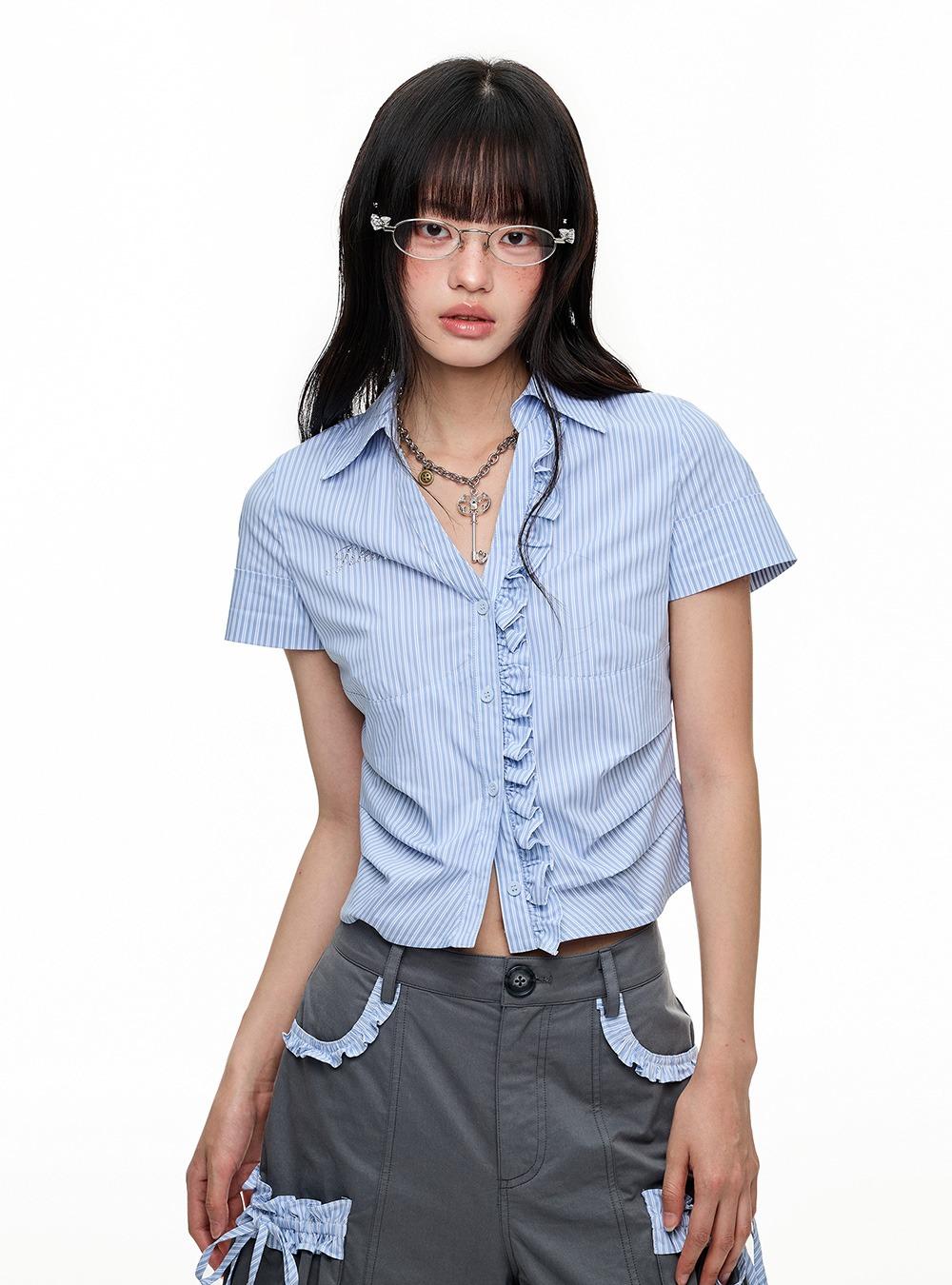 Shirred Lace Point Stripe Short Sleeve Shirt