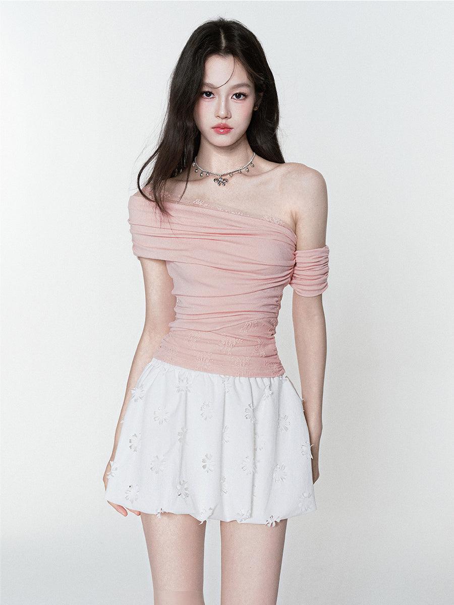 Lace Pleated One Shoulder T-shirt FRA0379