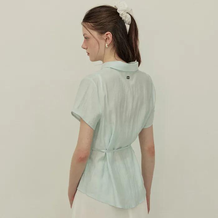 See through sheer belt shirt - blue