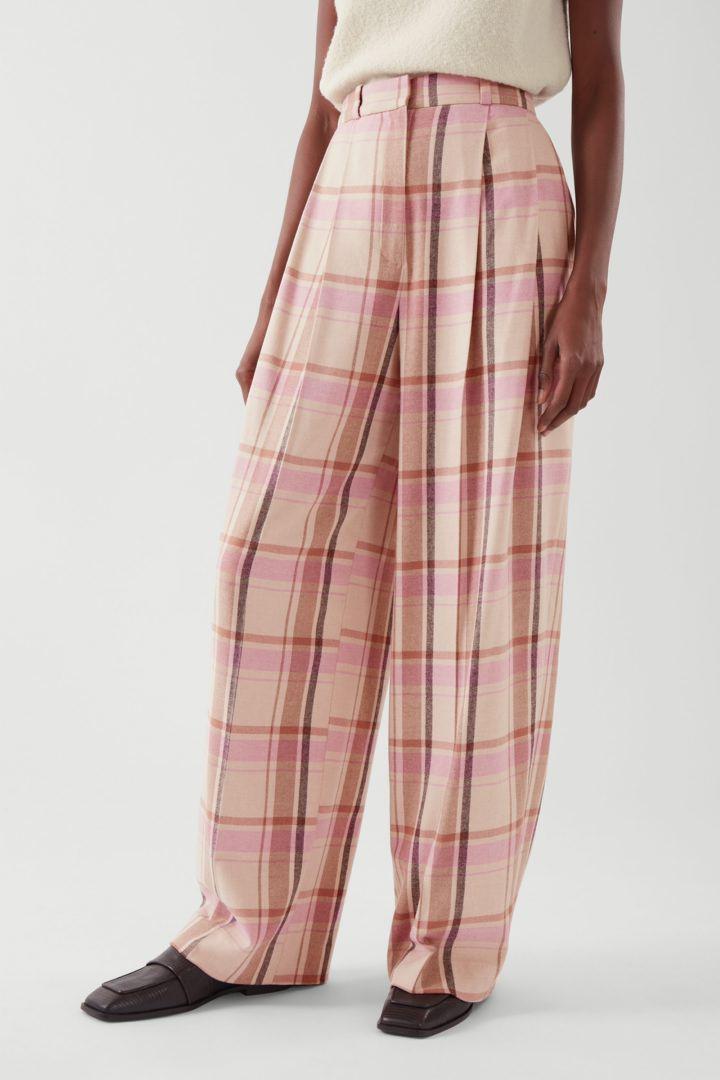 플리티드 와이드 레그 체크 트라우저