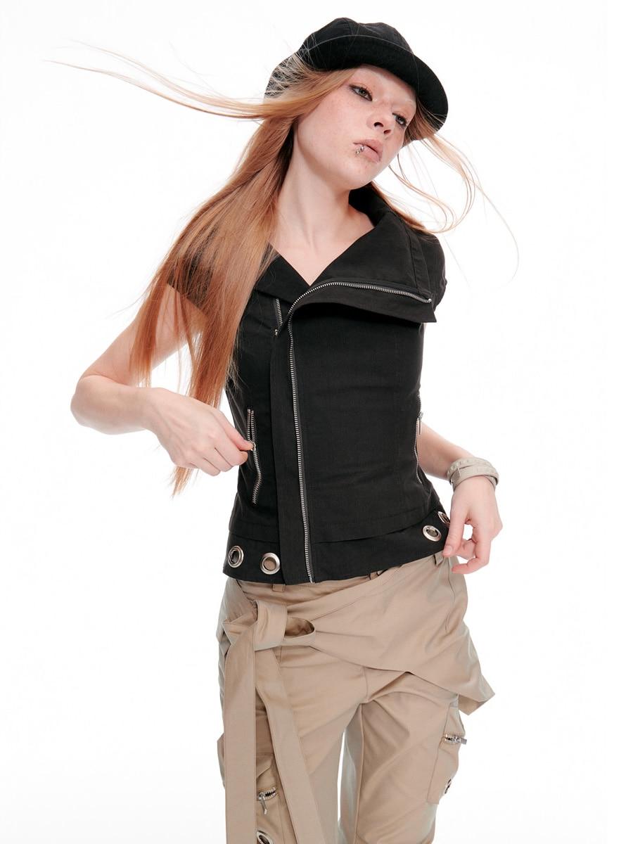 JIKOO Charcoal Oblique Collar Sleeveless Jacket