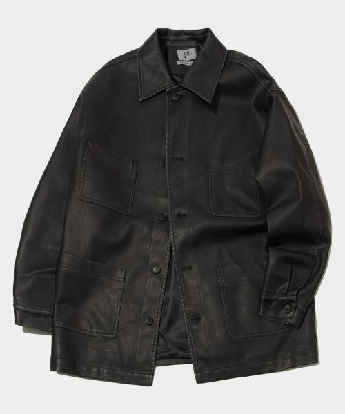 워시드 레더 프렌치 오버핏 멀티 포켓 카라 워크 자켓 [브라운]