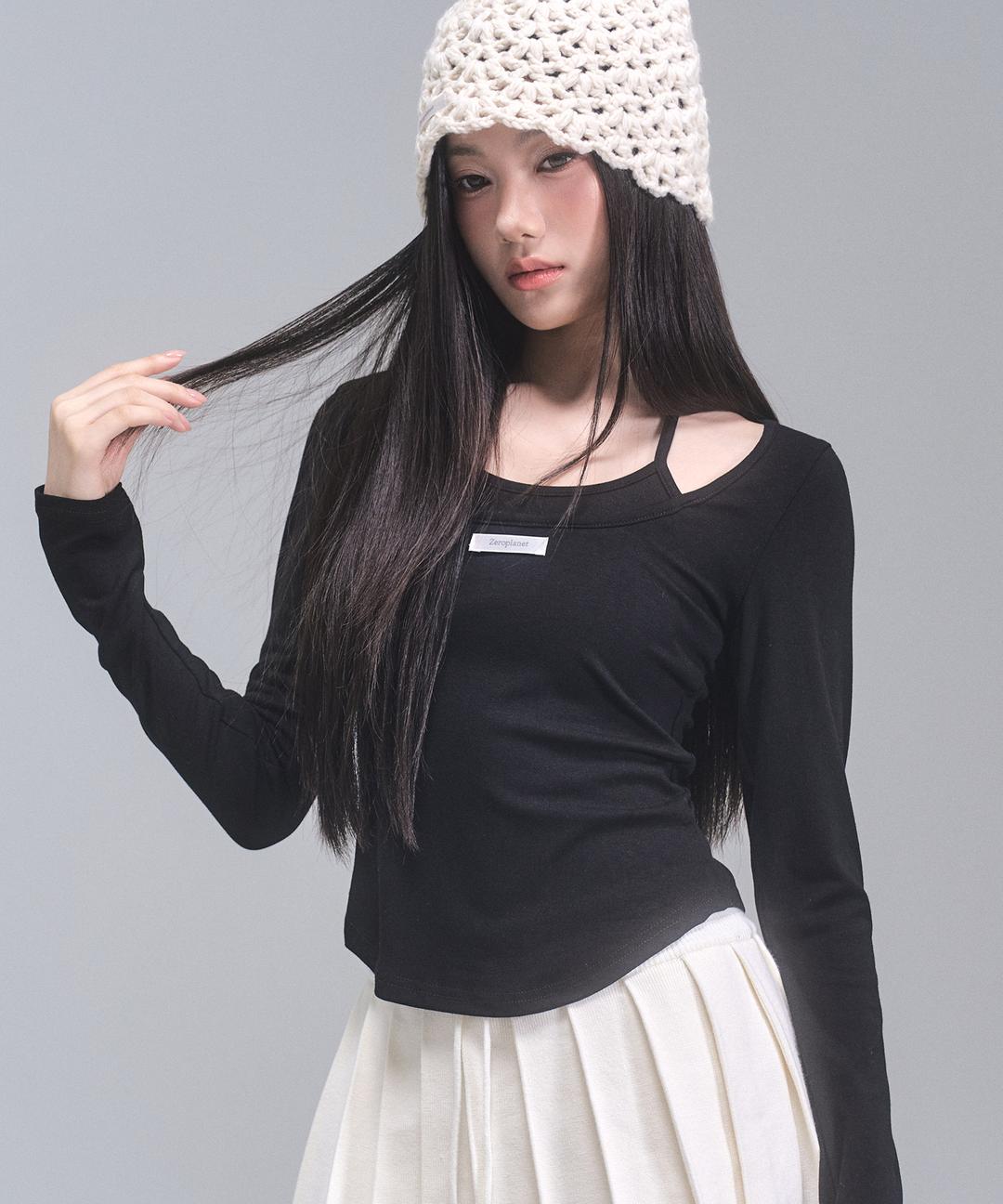 리사 리본 레이어드 롱 슬리브 탑 [BLACK]