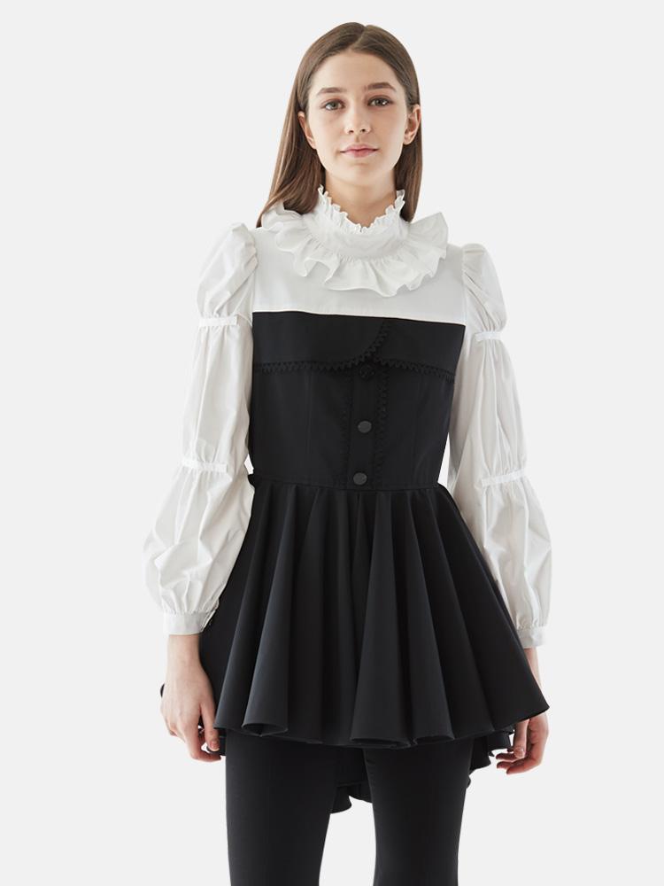 주문제작 콘 블랙 셔링 언발 프릴 블라우스