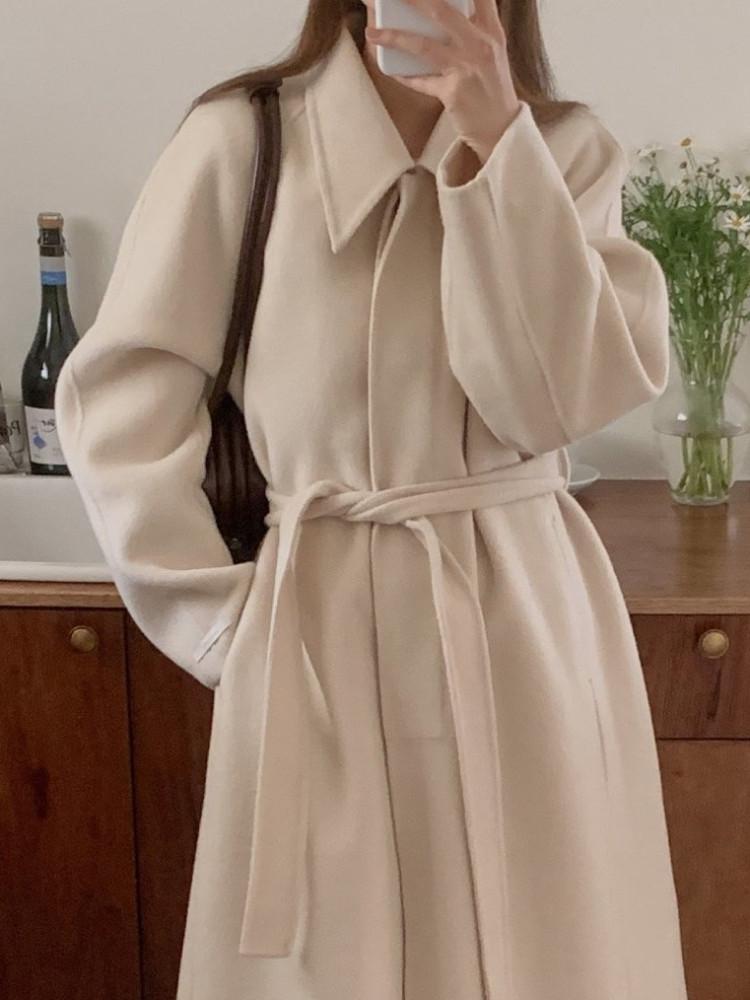 [아이메르 2ND 1차]울100 르메르 카라 핸드메이드코트/여자 루즈핏오버핏 벨트 롱싱글코트