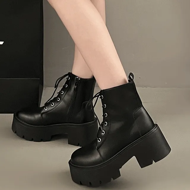 포스 통굽 플랫폼 레이스업 미들 워커 부츠(7cm)