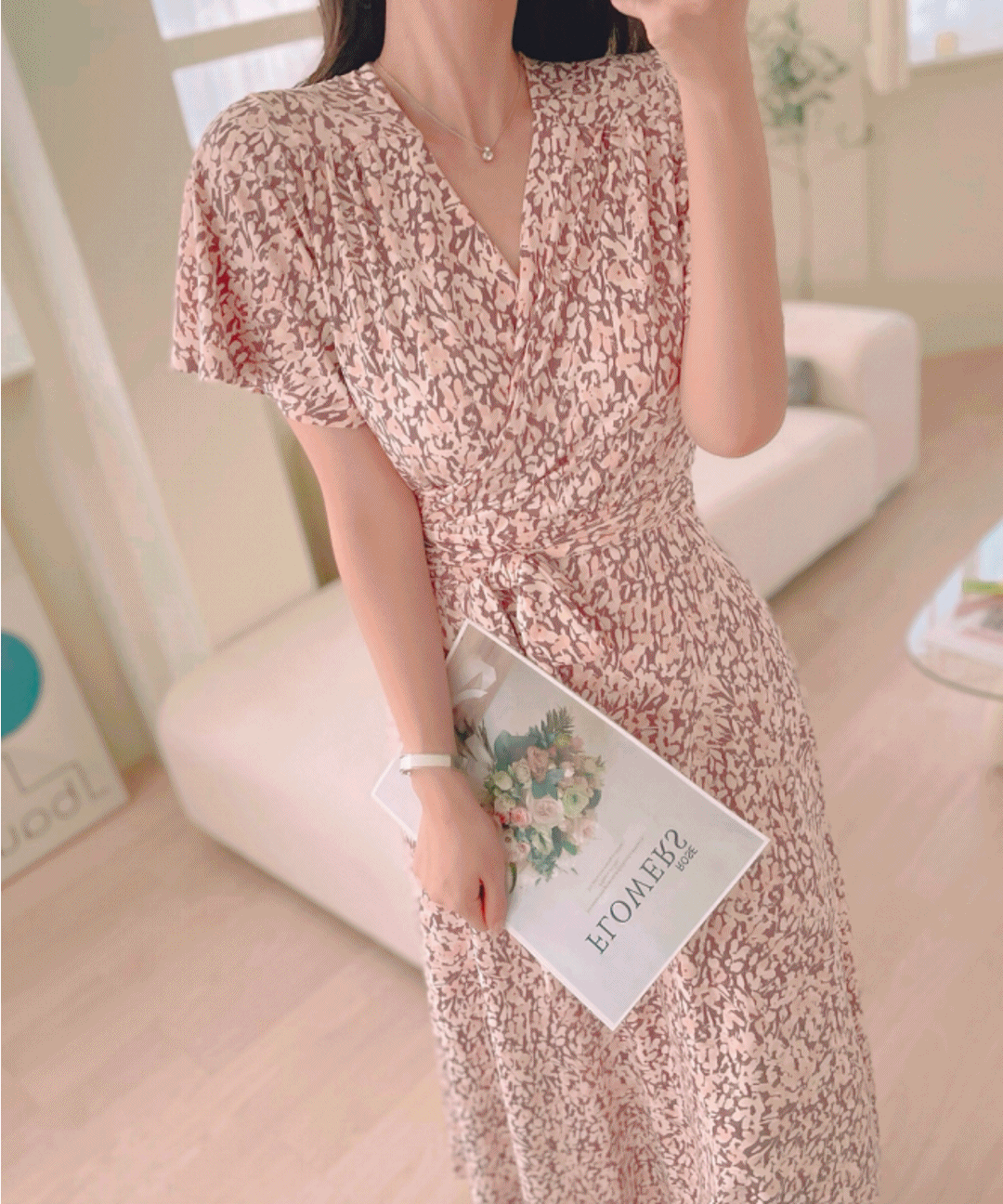 MADE 핑크 여름 바캉스룩 저지 맥시 랩 원피스