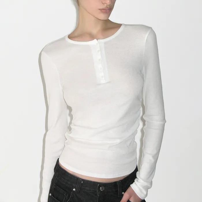Henley Neck Shirring Long Sleeve Top, IVORY