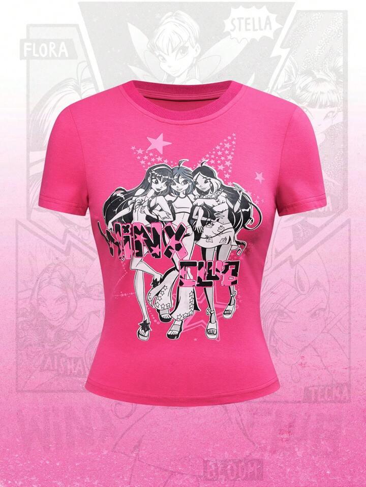 Winx Club X ROMWE Women's Y2K Babe Portrait & Letter Pattern Short Sleeve Fitted T-Shirt