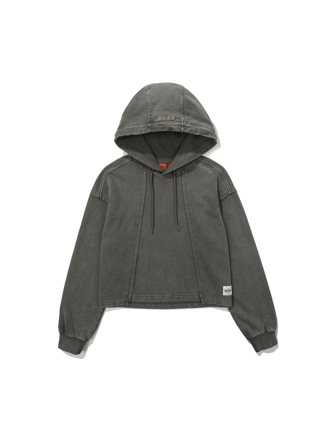 W SEMI-CROP VINTAGE GARMENT WASHING HOODIE D/GREY