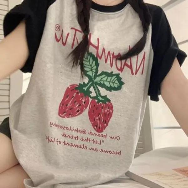 여자 루즈핏 오버핏 롱 박스 배색 반팔티 딸기 레터링 프린트 박시 나그랑 반팔 롱티