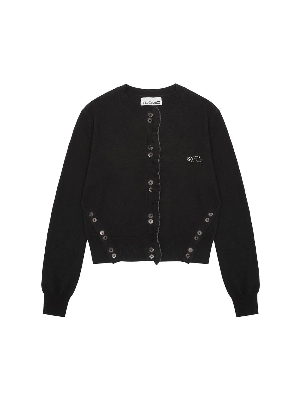 SIDE BUTTON RUFFLE CARDIGAN [BLACK]