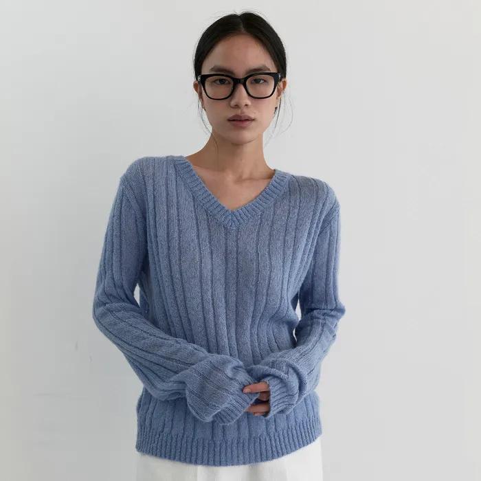 SHEER V-NECK KNIT_DUST BLUE
