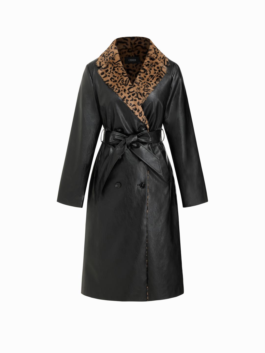Faux Leather Leopard Faux Fur Trim Double Breasted Coat With Belt