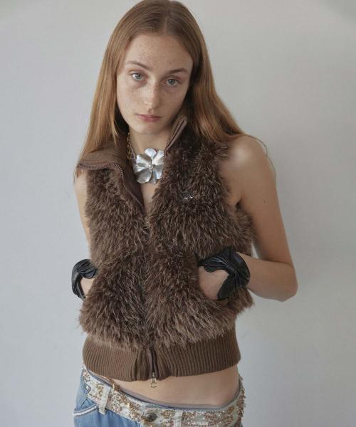 Faux Fur Zip-Up Vest Brown
