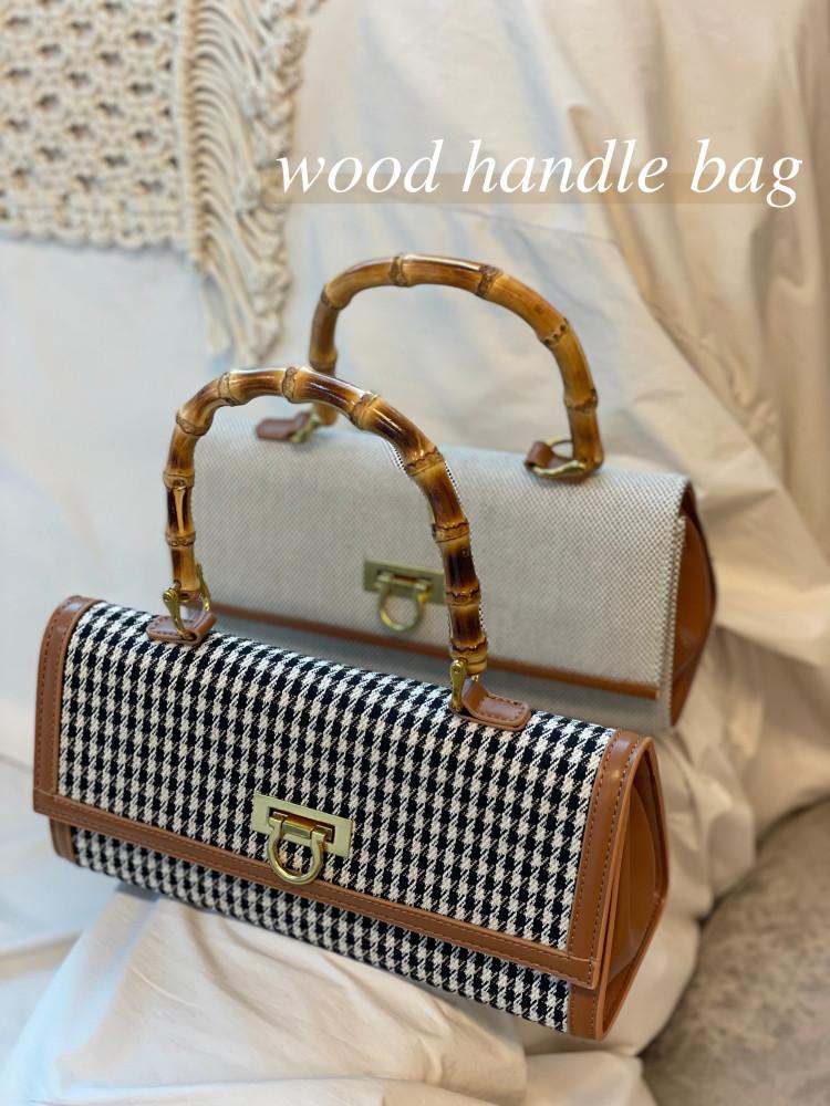 wood handle bag/하운드체크 가죽가방 디자인 유니크백 디자이너가방 우드손잡이백