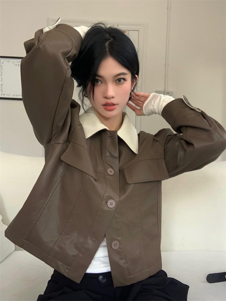 무아니 폴로카라 배색 레더 가죽 자켓 2color 데일리룩 여행룩 여친룩 촬영룩