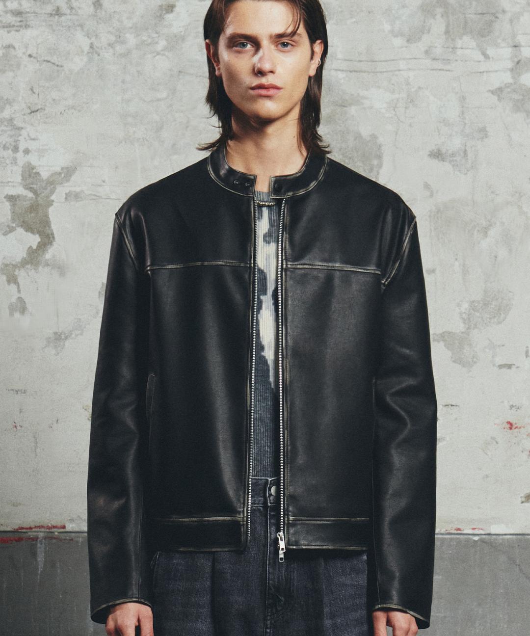 Washing Leather Biker jacket BLACK