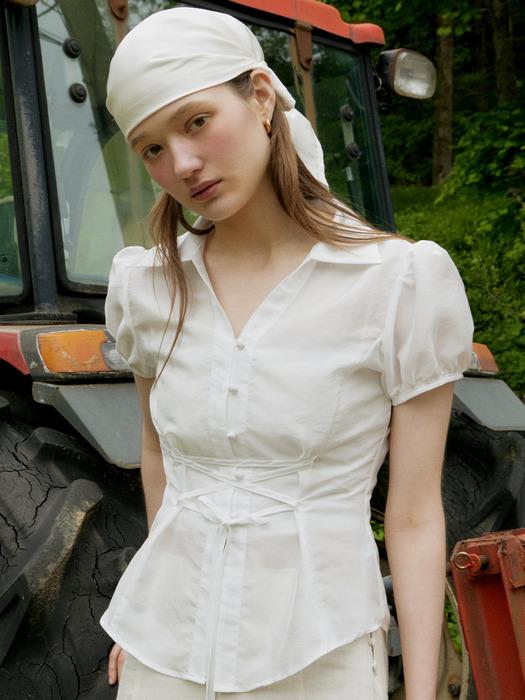 코르셋 숏 슬리브 셔링 블라우스 white