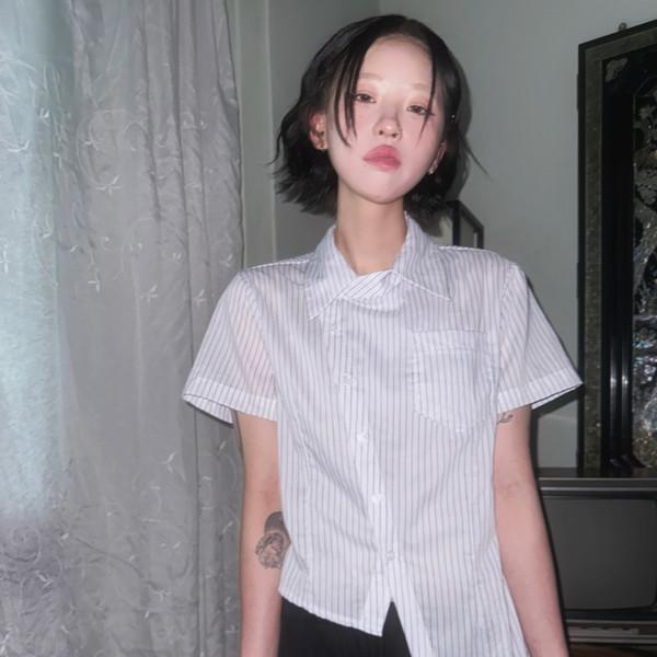 라벤더 언밸런스 스트라이프 반팔 셔츠