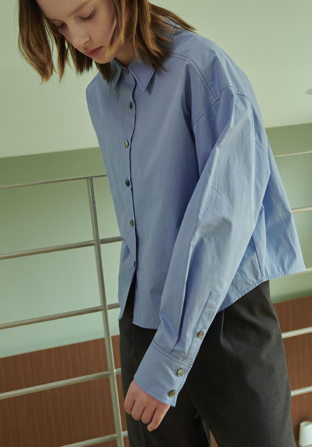 CONTRAST STITCH CROP SHIRT - BLUE