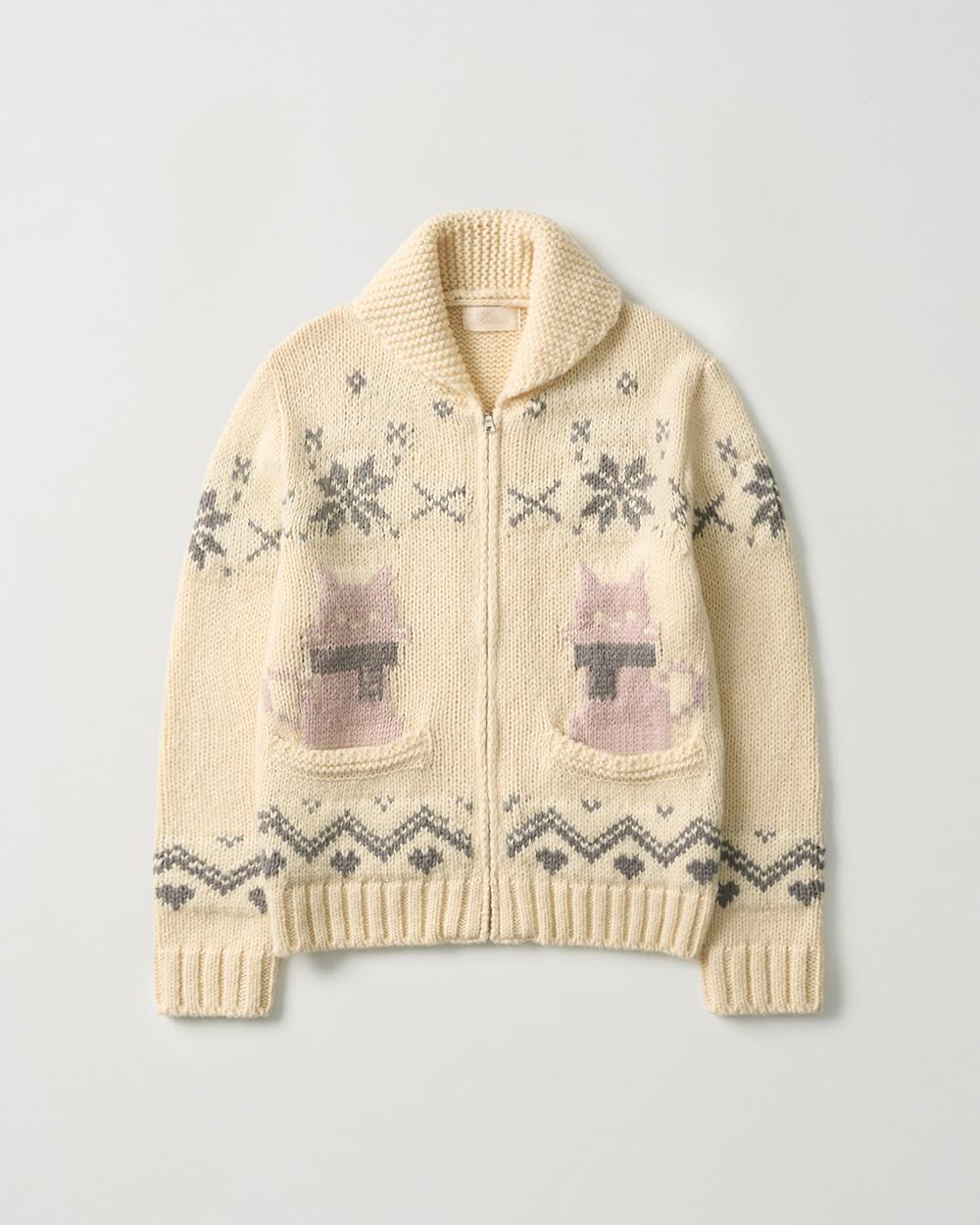 Wool Cowichan Cat Knit Zip-Up_Ivory