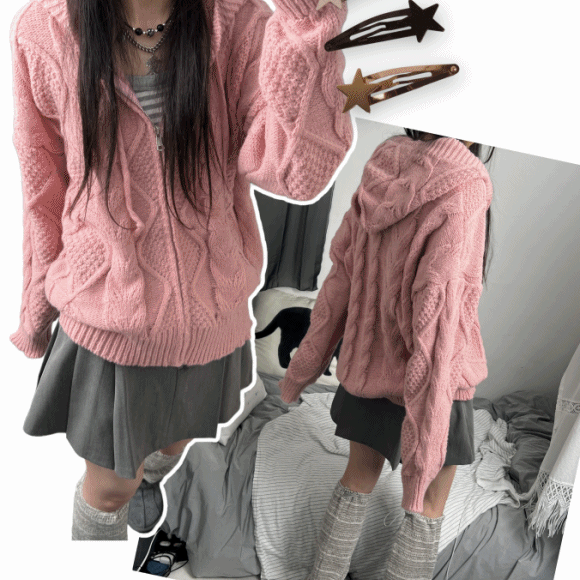 twisted loose knit hood zip up