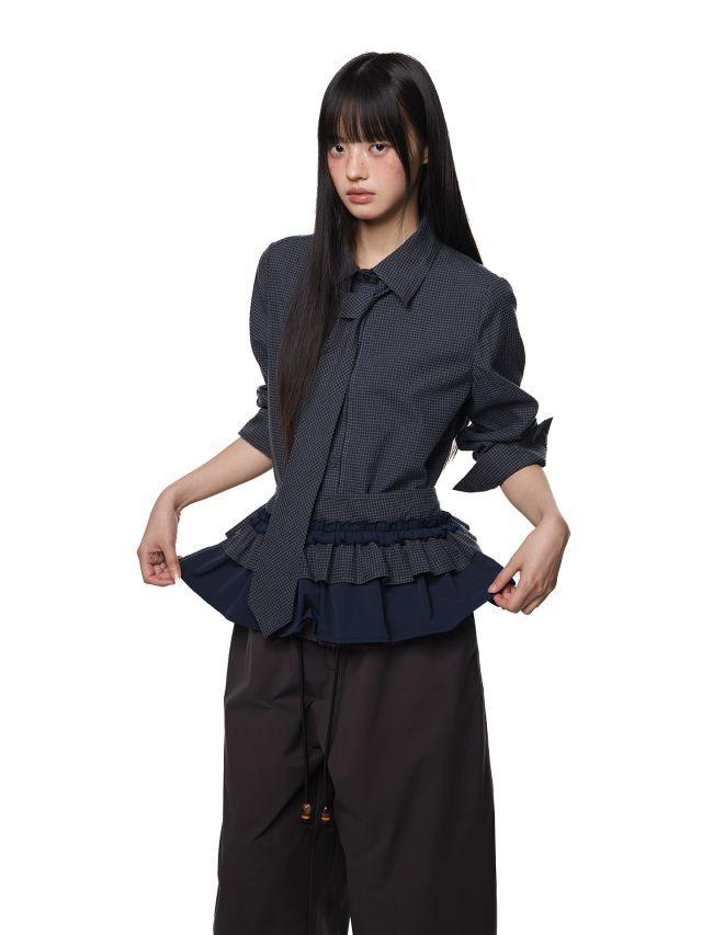 [EZEK] Two-piece Plaid Ruffle Shirt