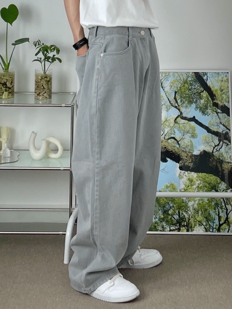 덴스 와이드 그레이 데님 팬츠