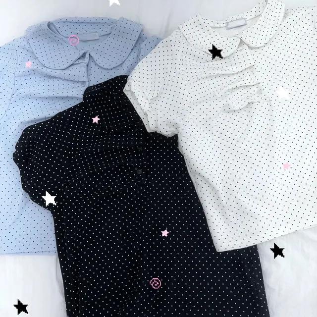🍀[당일] 유니크 도트 셔링 카라 반팔티
