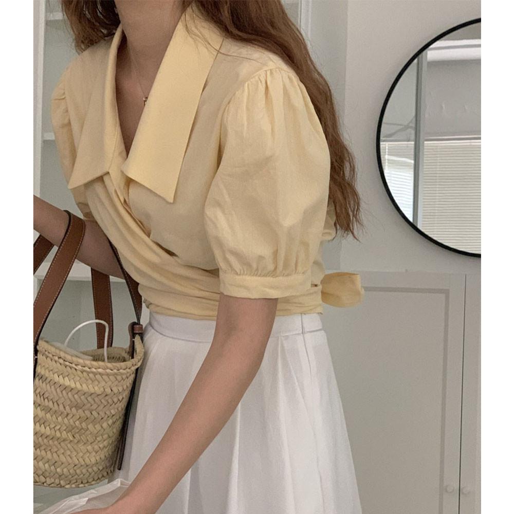 오버무드 여성 숄더 퍼프 카라 꼬임 스트랩 리본 반팔 하객 숏 블라우스 4color
