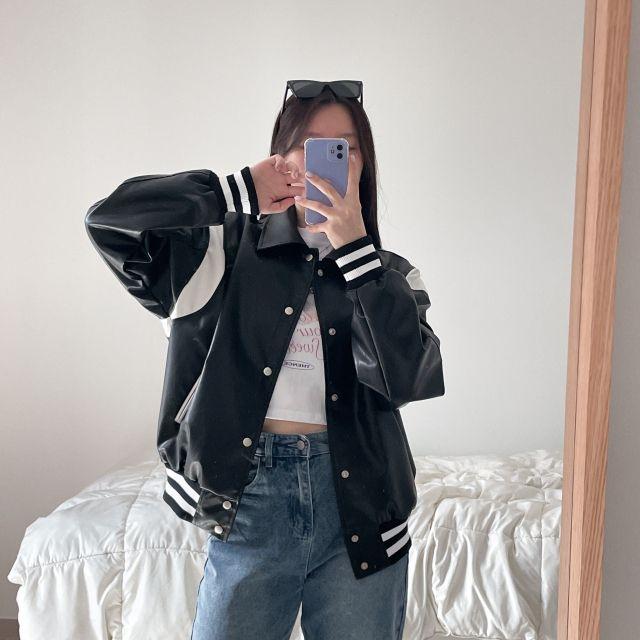 (남녀공용) 바시티 레더 배색 야구점퍼