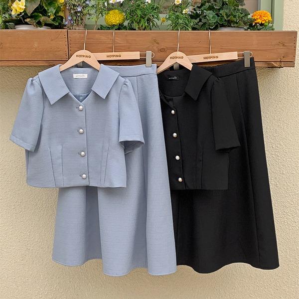 핫핑 [SET][MADE] 모브앙 오픈카라넥 세미크롭 퍼프 반팔 트위드자켓[MADE] 모브앙 뒷밴딩 플레어 트위드 롱 스커트(투피스셋업-정장셋업-하객룩-데이트룩-격식룩)
