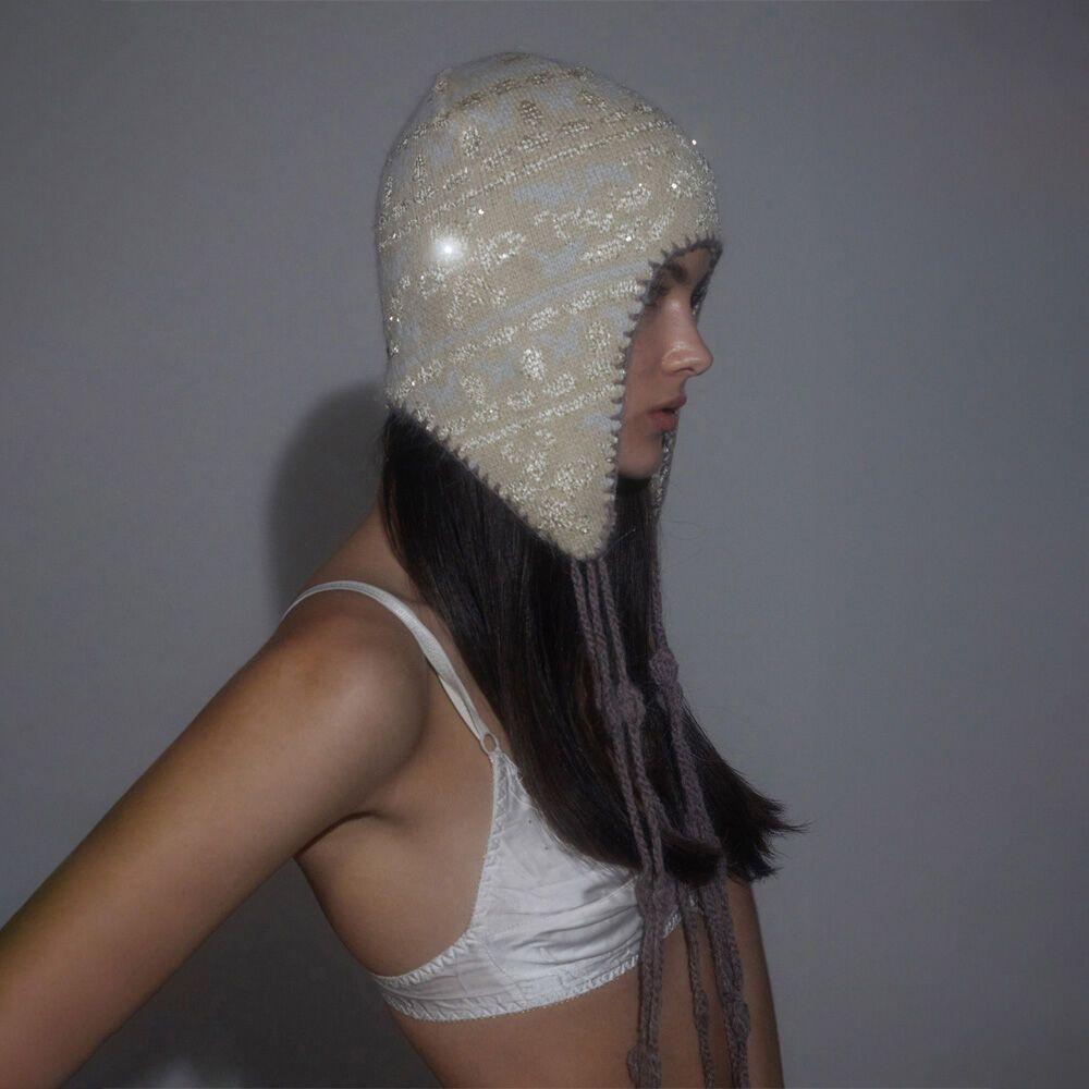 Sequin Nordic Earflap Beanie Milk Tea