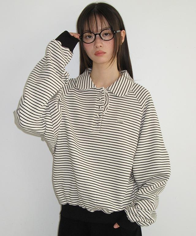 [10/17 순차배송] HENRYNECK FRILL POINT SWEATSHIRT ECRU BLACK STRIPE