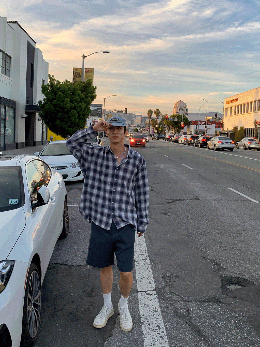 Navy check pattern shirt