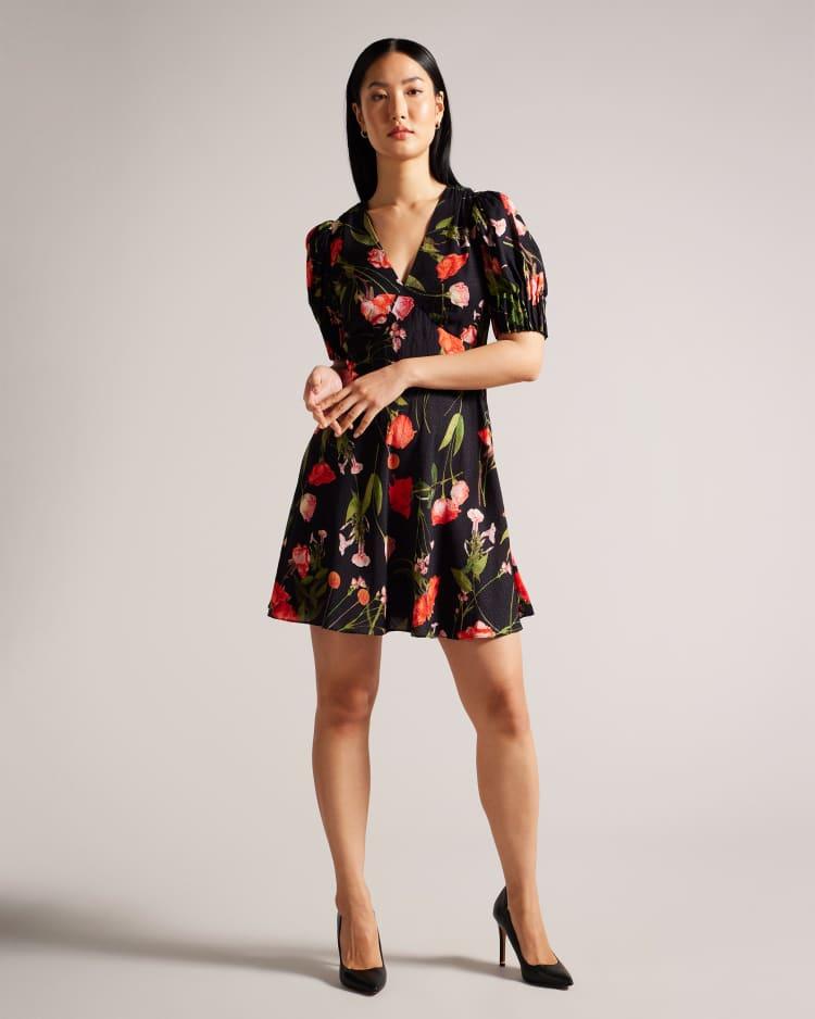 SIENNO - Floral Mini Tea Dress With Puff Sleeves