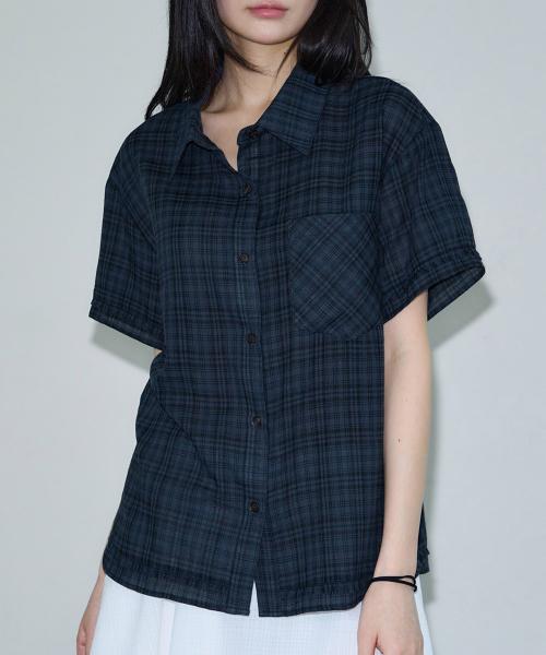 레이어드 컷아웃 체크 하프 셔츠 [navy]