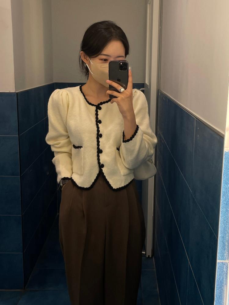 토비 배색 라운드 퍼프 가디건(2color)