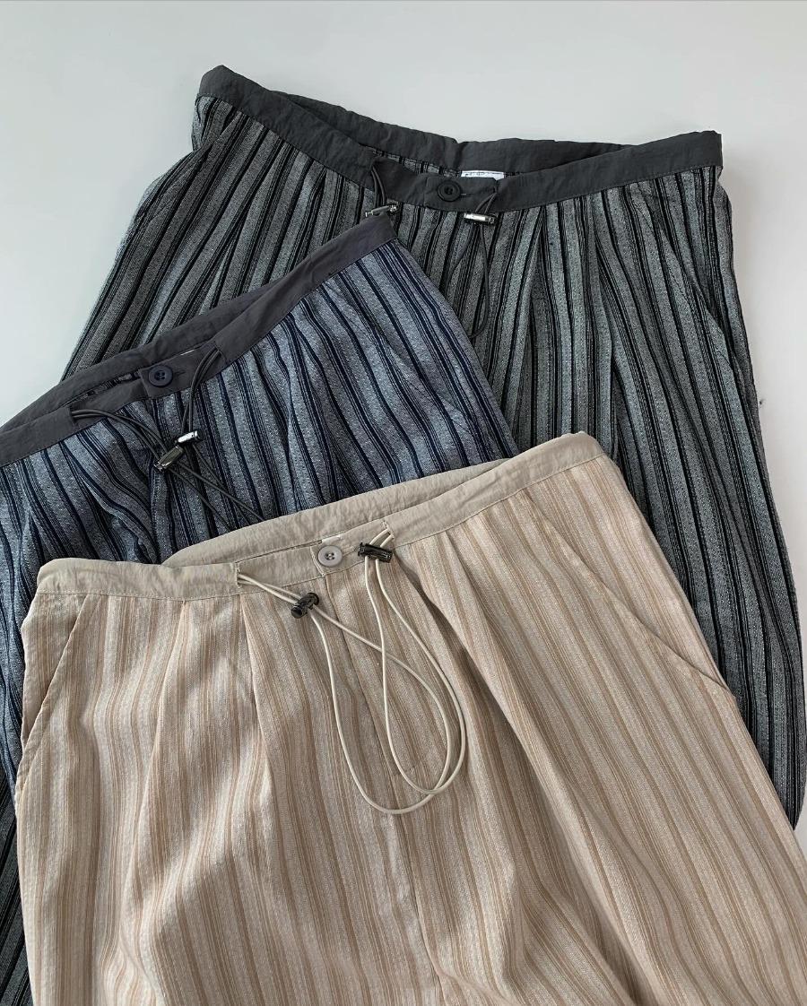 an linen stripe wide pants